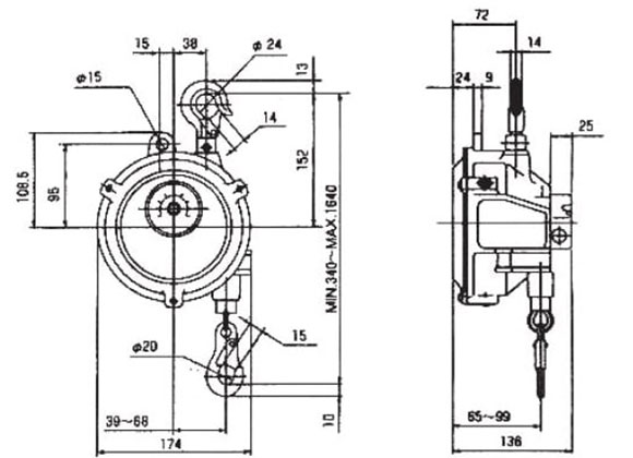 Kích thước palăng cân bằng kiểu lò xo tải trọng KOREEL KOMB 9