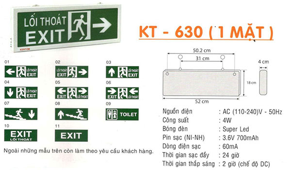 Đèn Exit lối thoát hướng phải gắn tường 1 mặt KenTom KT 630