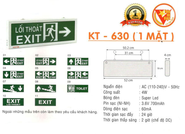 Đèn Exit lối thoát hướng trái gắn tường 1 mặt KenTom KT 630